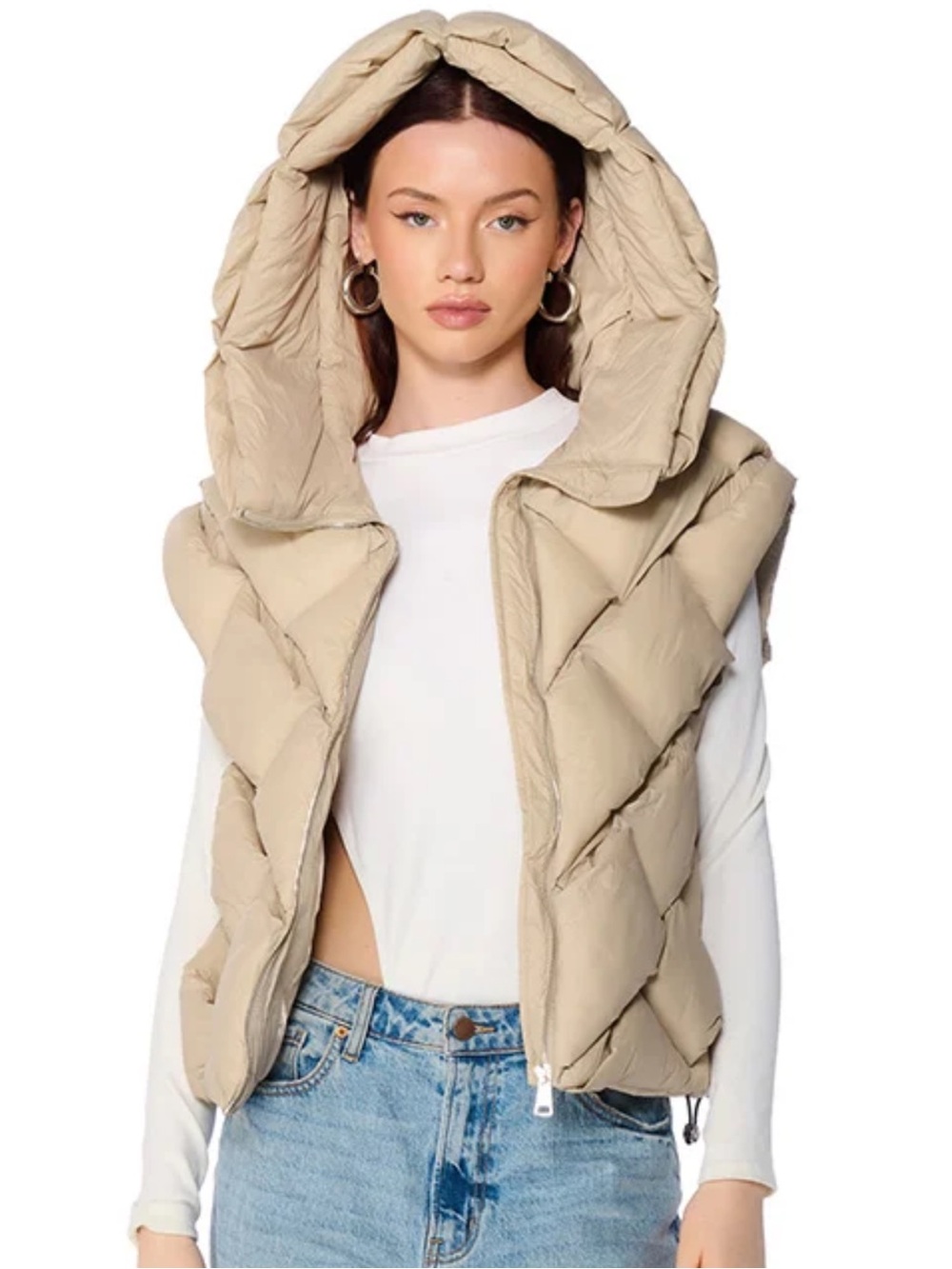AKIRA Quilted Hooded Puffer Vest in Taupe